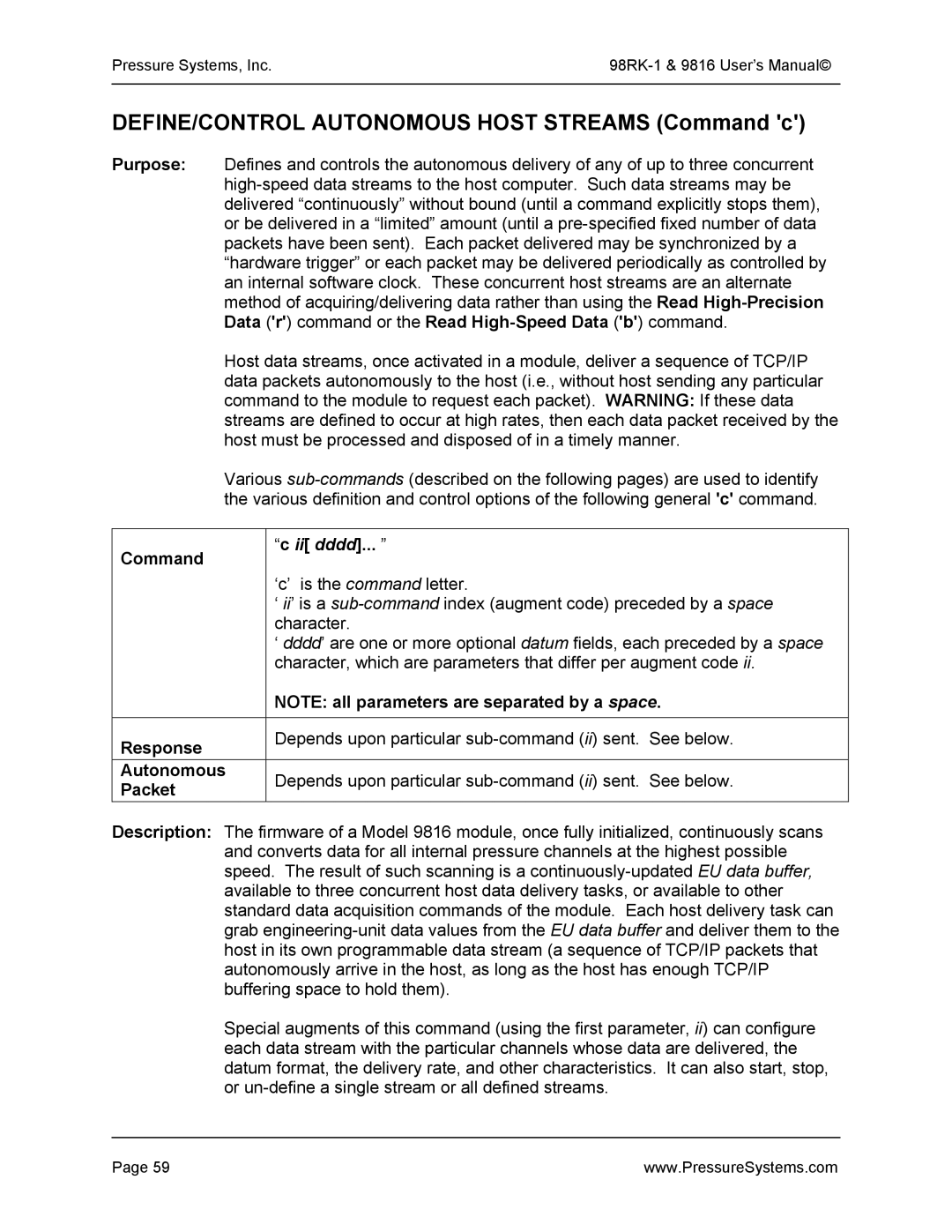 Pressure Systems 98RK-1 user manual DEFINE/CONTROL Autonomous Host Streams Command c, Command Ii dddd, Packet 