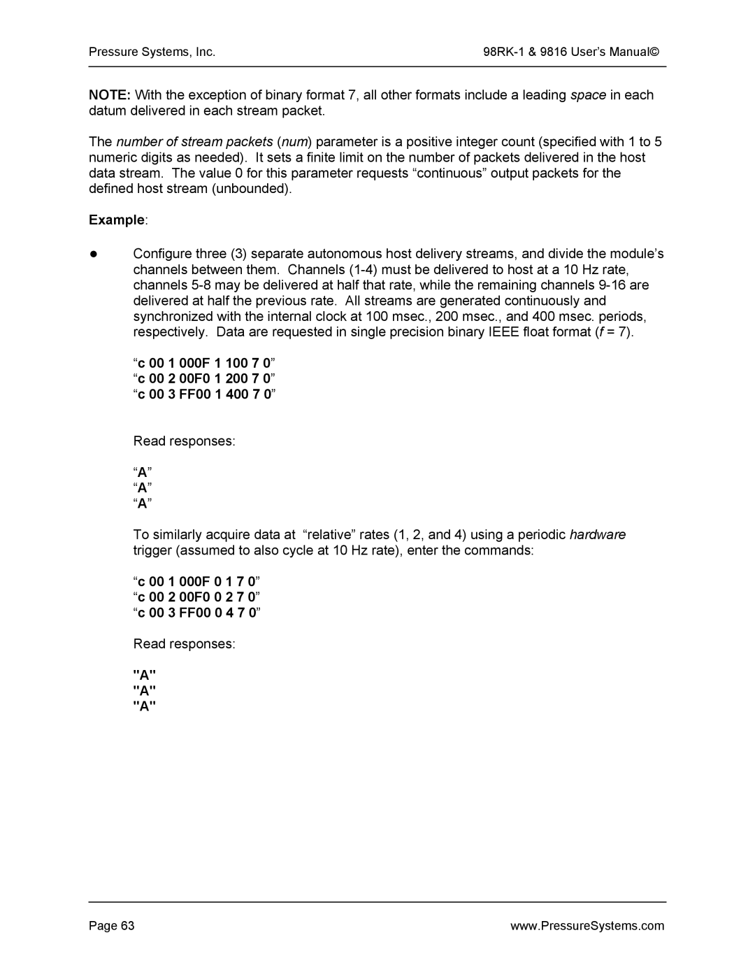 Pressure Systems 98RK-1 user manual Example, 00 1 000F 0 1 7 0 c 00 2 00F0 0 2 7 0 c 00 3 FF00 0 4 7 