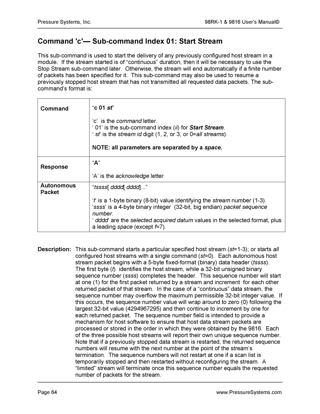 Pressure Systems 98RK-1 user manual Command c- Sub-command Index 01 Start Stream, Command 01 st 