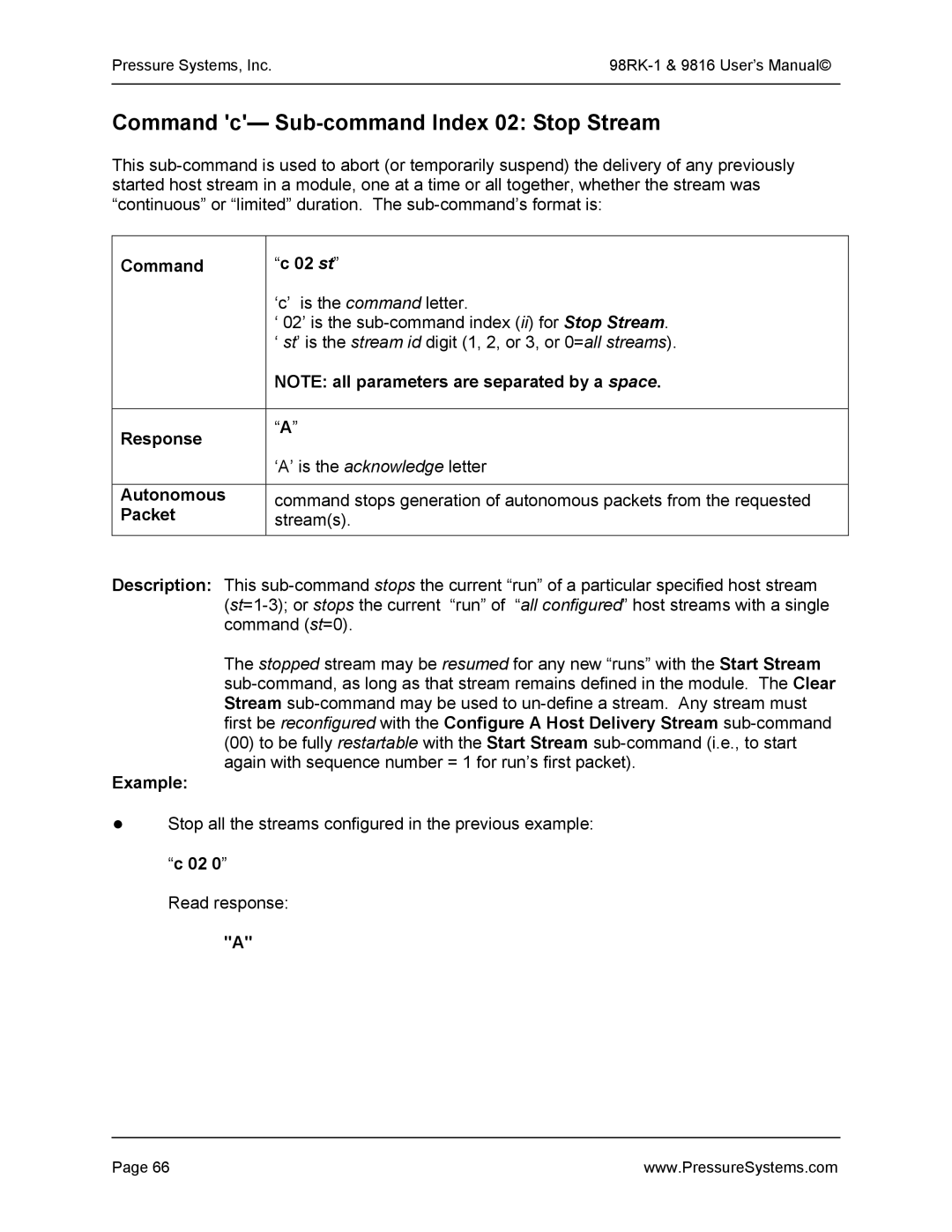 Pressure Systems 98RK-1 user manual Command c- Sub-command Index 02 Stop Stream, Command 02 st 