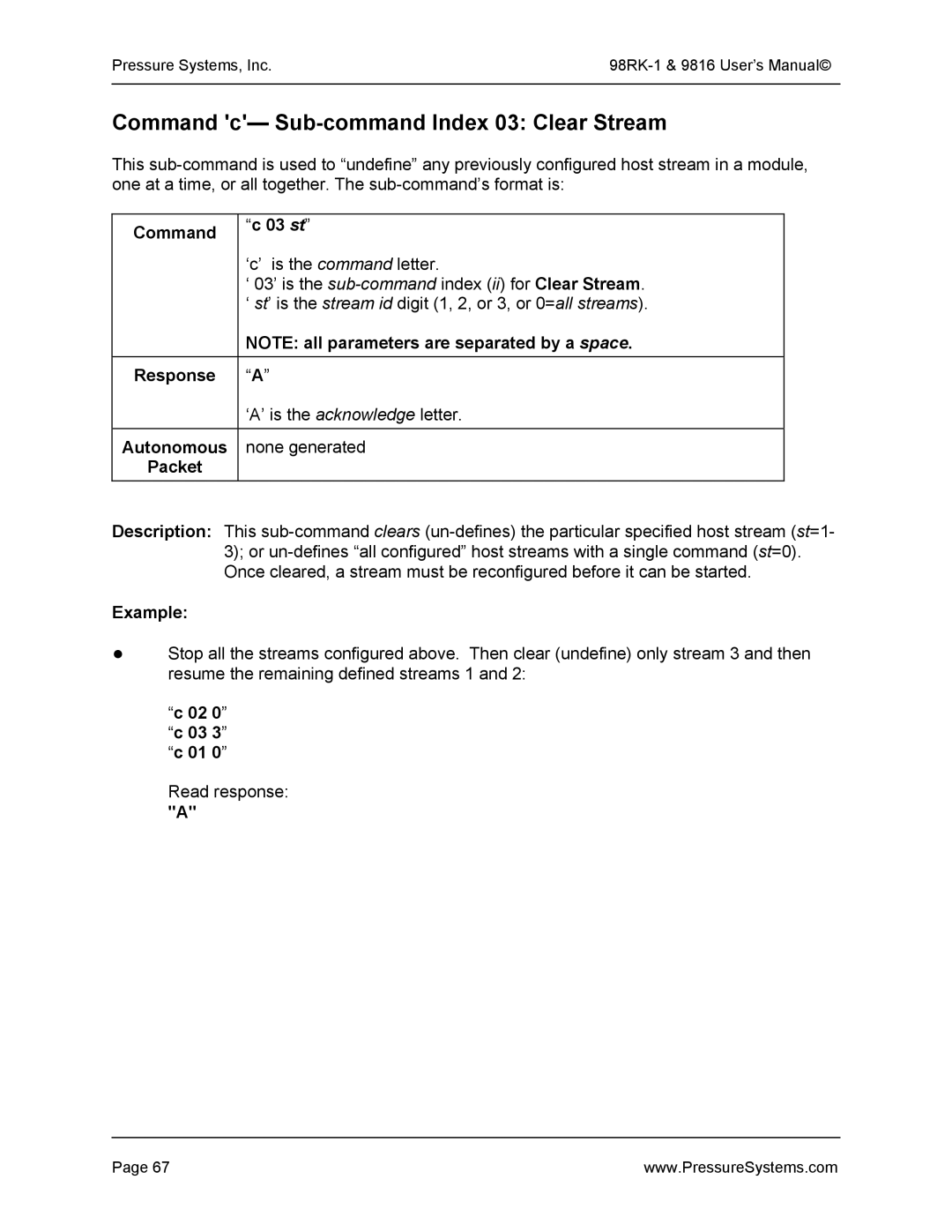 Pressure Systems 98RK-1 user manual Command c- Sub-command Index 03 Clear Stream, Command 03 st, 02 0 c 03 3 c 01 