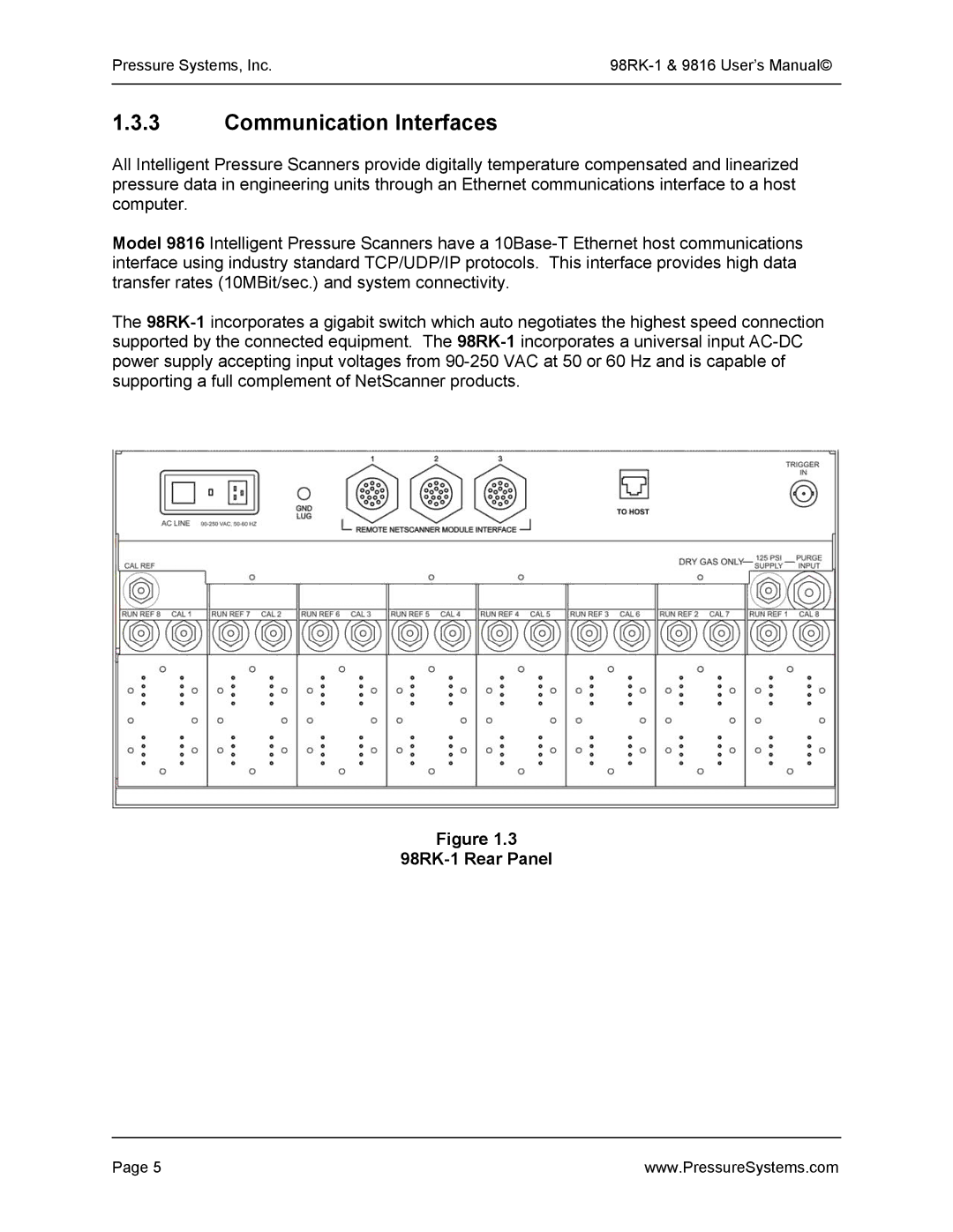 Pressure Systems user manual Communication Interfaces, 98RK-1 Rear Panel 