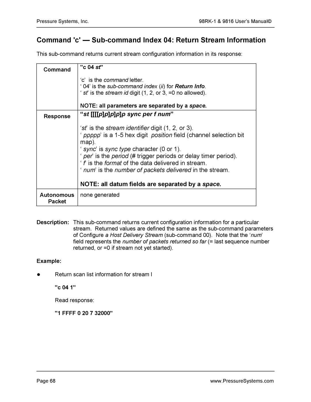 Pressure Systems 98RK-1 user manual Command c Sub-command Index 04 Return Stream Information, Command 04 st, Ffff 0 20 7 