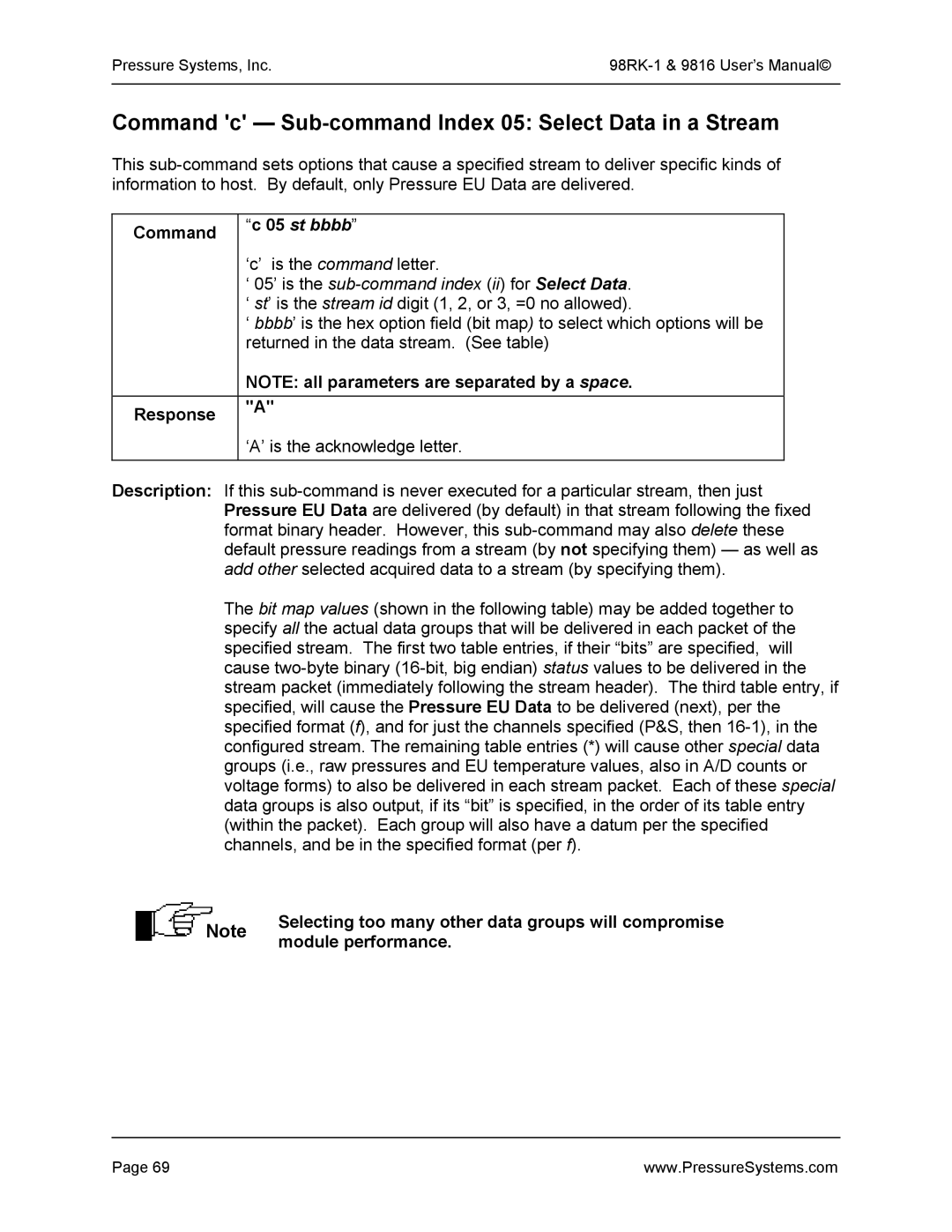 Pressure Systems 98RK-1 user manual Command c Sub-command Index 05 Select Data in a Stream, St bbbb, Module performance 