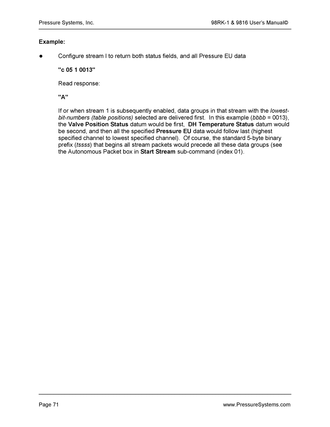 Pressure Systems 98RK-1 user manual Example, 05 1 0013 Read response 