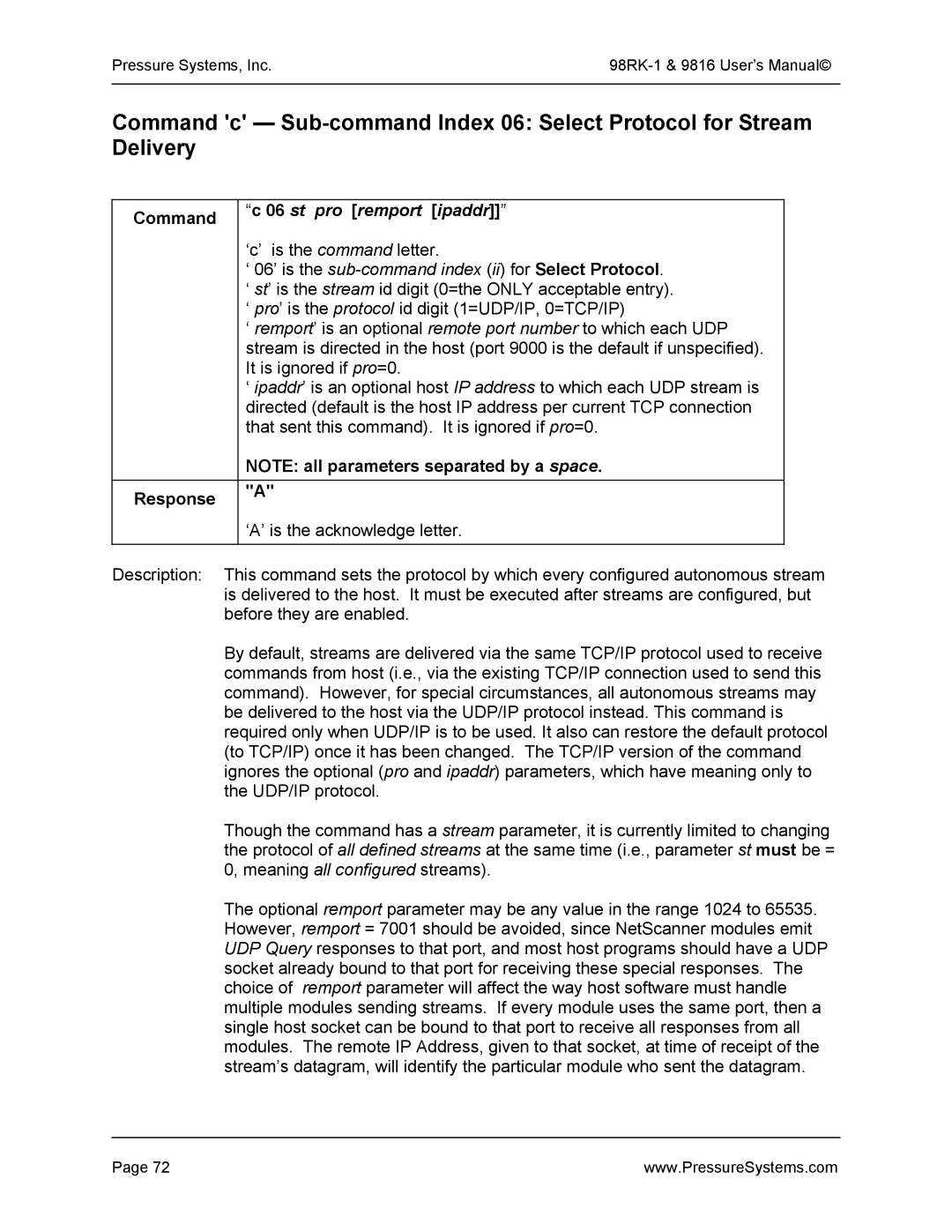 Pressure Systems 98RK-1 user manual Command, St pro remport ipaddr 