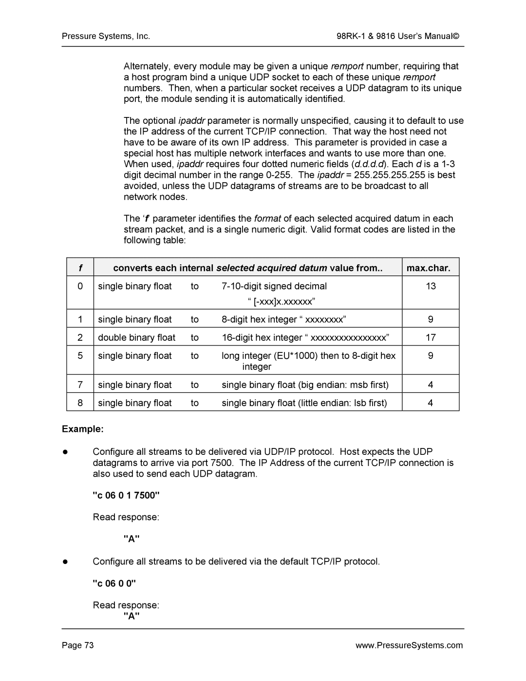 Pressure Systems 98RK-1 user manual 06 0 1 7500 Read response 