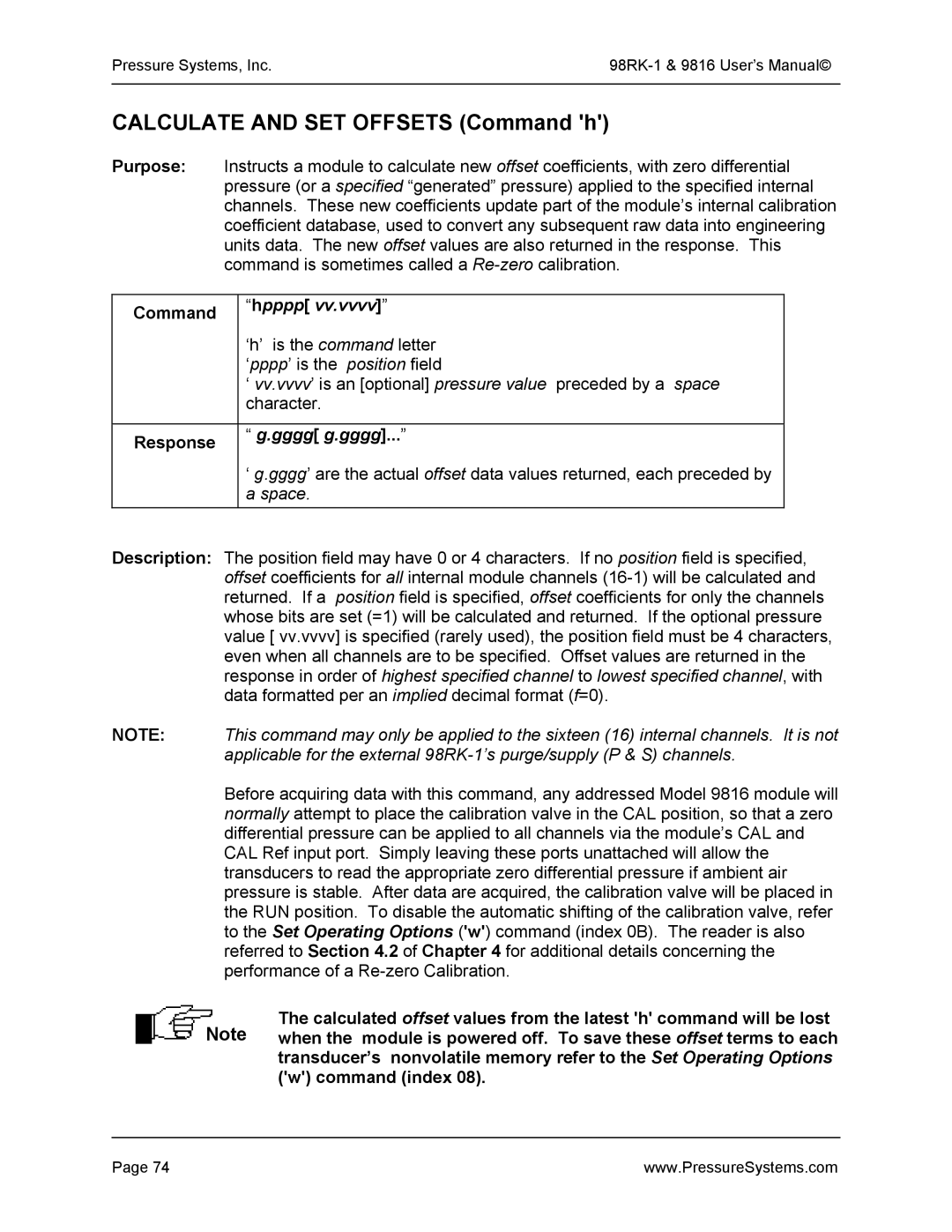 Pressure Systems 98RK-1 user manual Calculate and SET Offsets Command h, Hpppp 