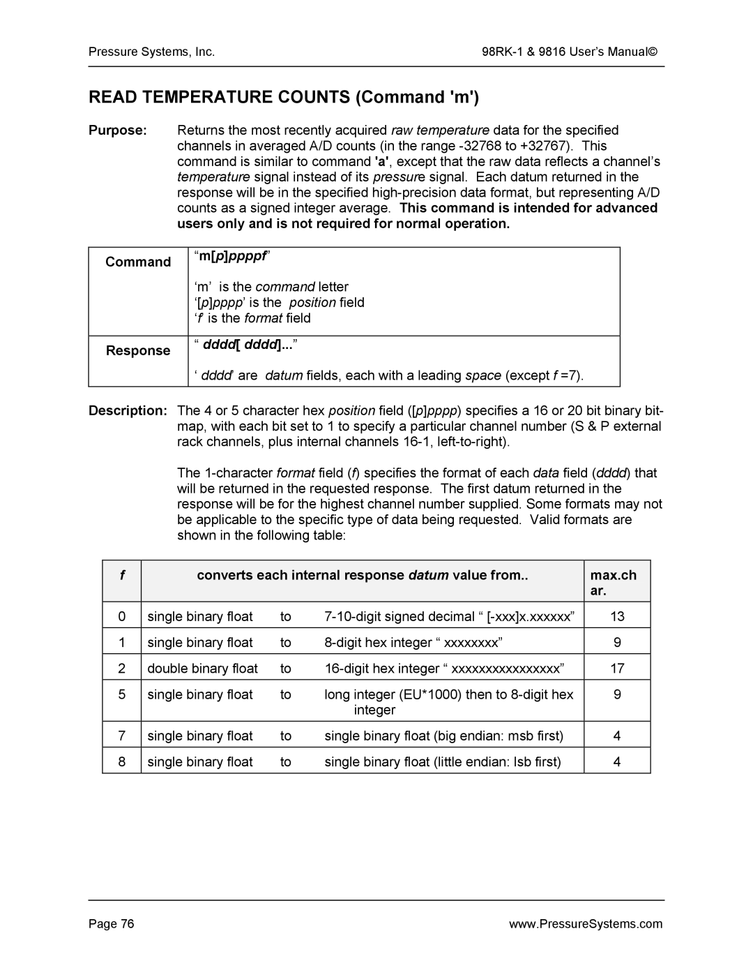 Pressure Systems 98RK-1 user manual Read Temperature Counts Command m, Mpppppf 