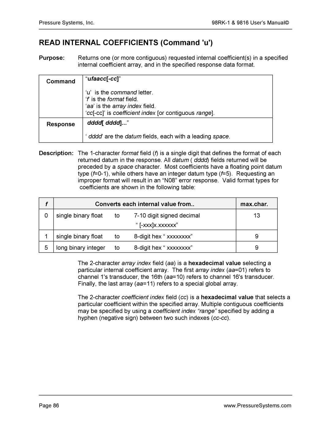 Pressure Systems 98RK-1 Read Internal Coefficients Command u, Ufaacc-cc, Converts each internal value from Max.char 