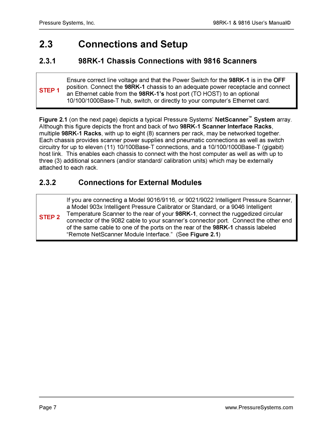 Pressure Systems user manual Connections and Setup, 1 98RK-1 Chassis Connections with 9816 Scanners 