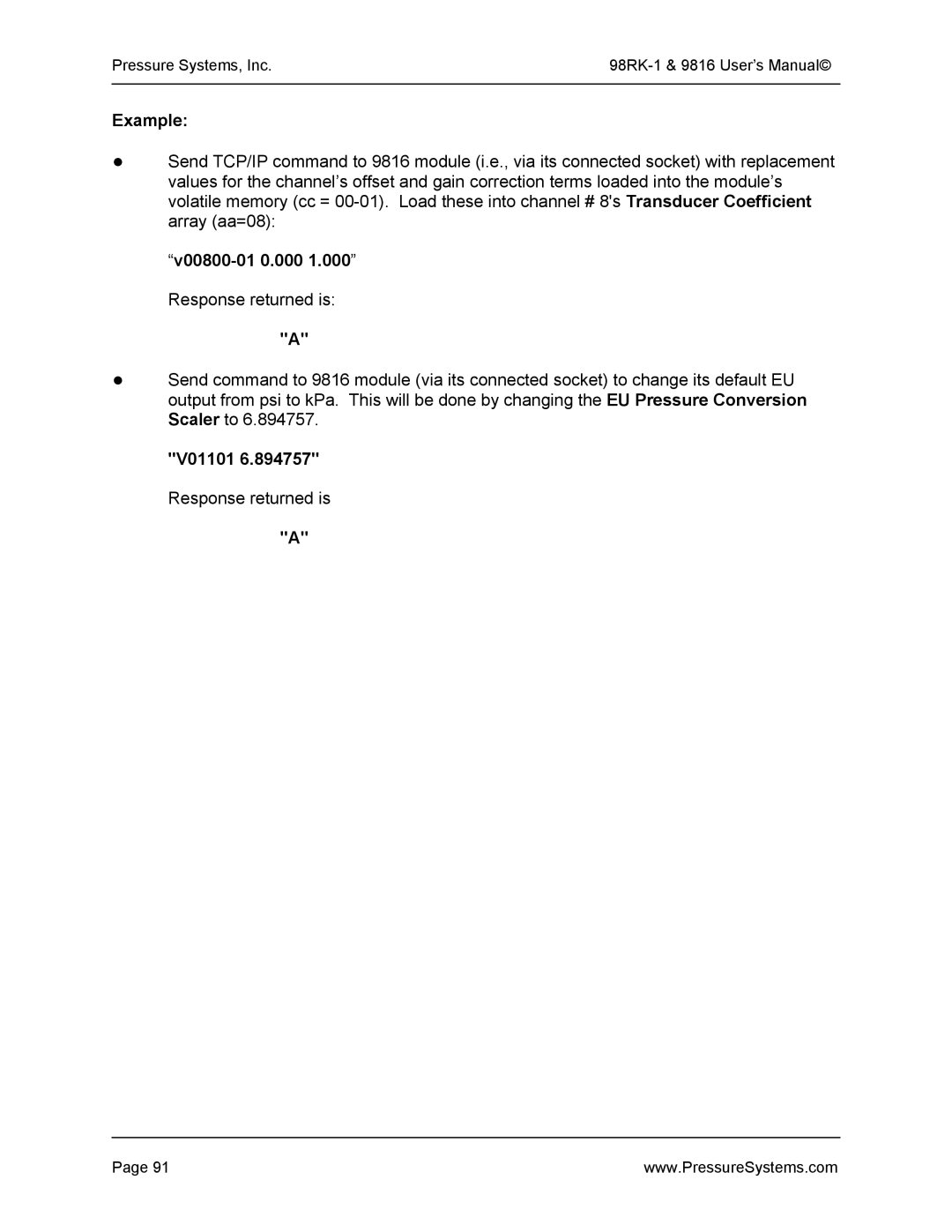 Pressure Systems 98RK-1 user manual V00800-01 0.000 1.000 Response returned is, V01101 6.894757 Response returned is 