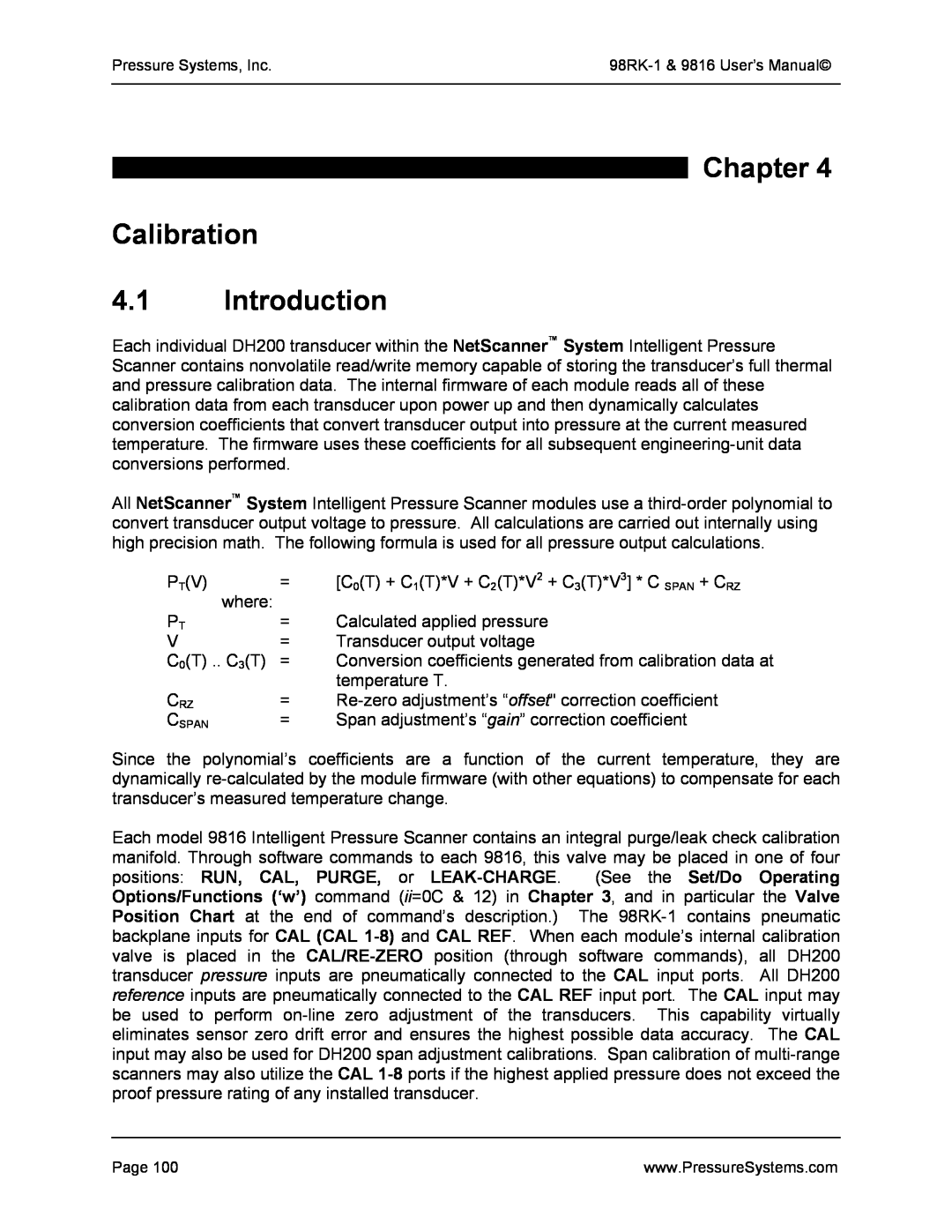 Pressure Systems 98RK-1 user manual Chapter Calibration 4.1 Introduction, Cspan 