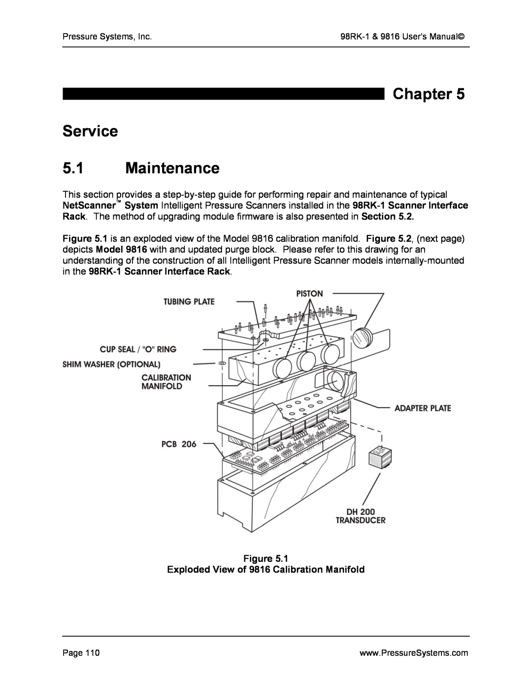 Pressure Systems 98RK-1 user manual Chapter Service 5.1 Maintenance, Exploded View of 9816 Calibration Manifold 