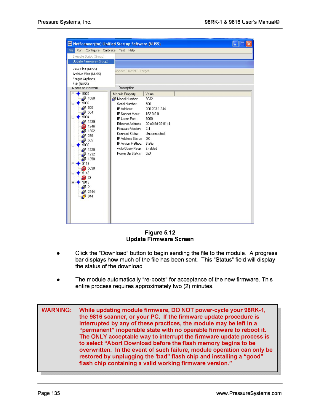 Pressure Systems 98RK-1 user manual Update Firmware Screen 