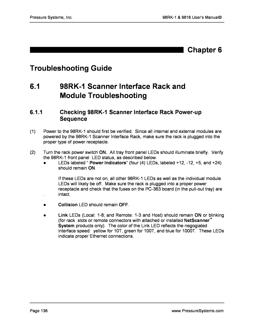 Pressure Systems user manual Chapter Troubleshooting Guide, 6.1 98RK-1 Scanner Interface Rack and Module Troubleshooting 