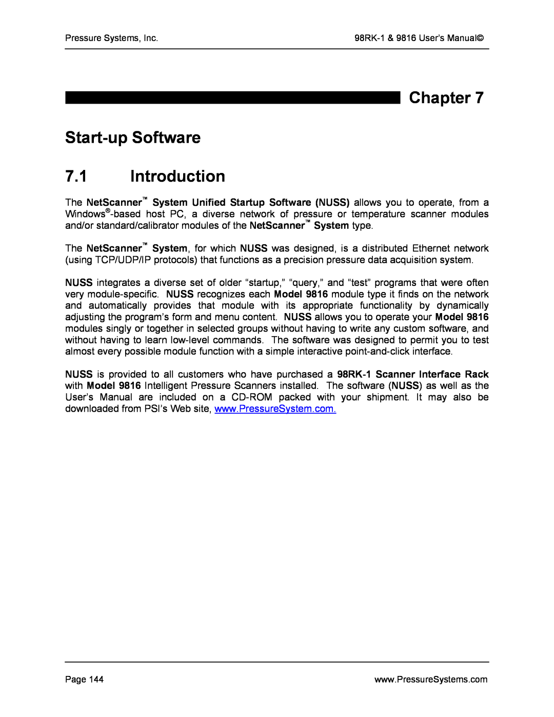 Pressure Systems 98RK-1 user manual Chapter Start-up Software 7.1 Introduction 