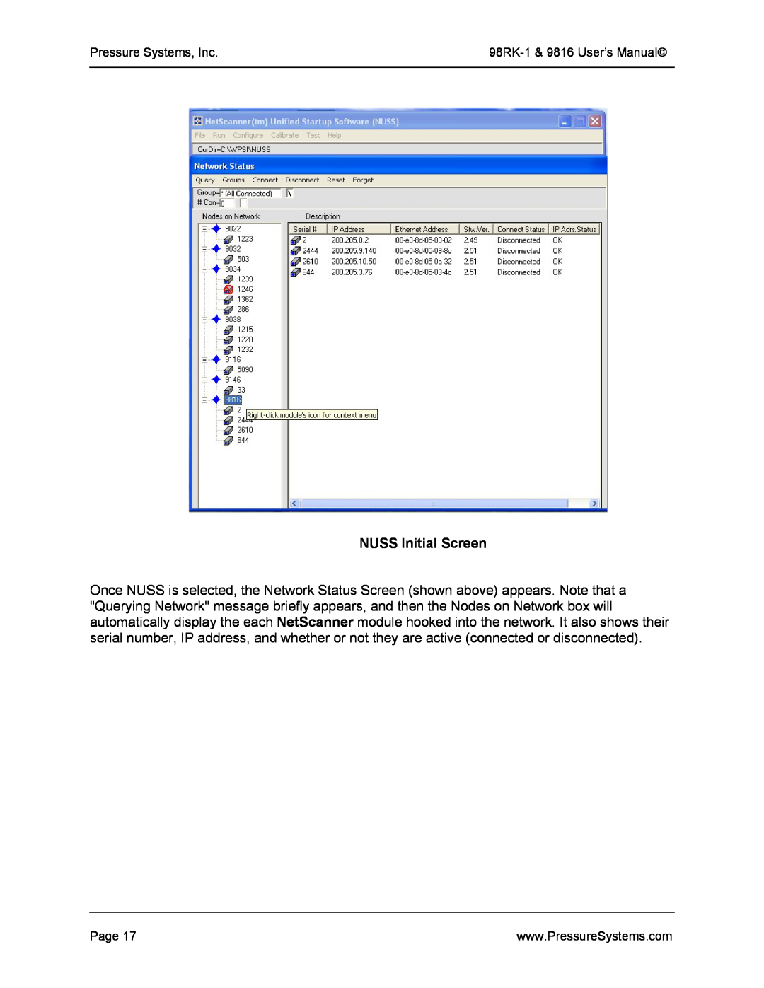 Pressure Systems 98RK-1 user manual NUSS Initial Screen 