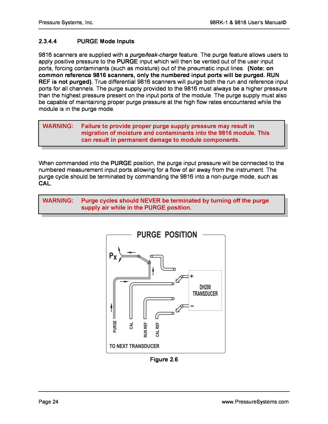 Pressure Systems 98RK-1 user manual PURGE Mode Inputs 