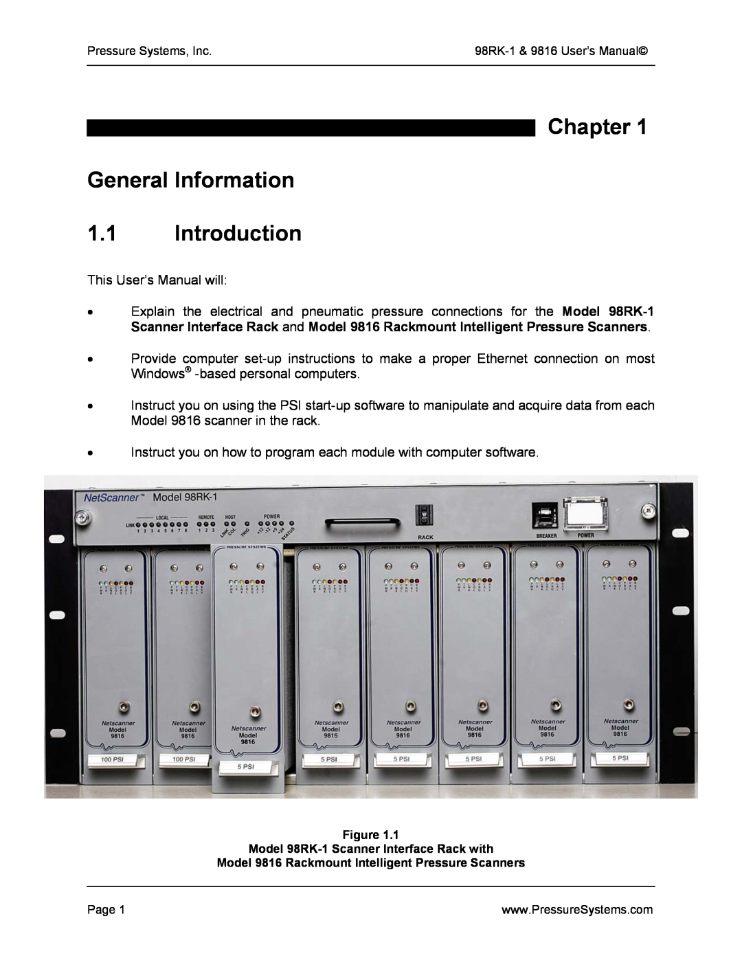 Pressure Systems 98RK-1 user manual Chapter General Information 1.1 Introduction 