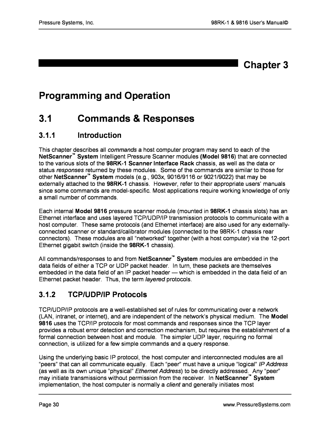 Pressure Systems 98RK-1 user manual Chapter Programming and Operation 3.1 Commands & Responses, Introduction 