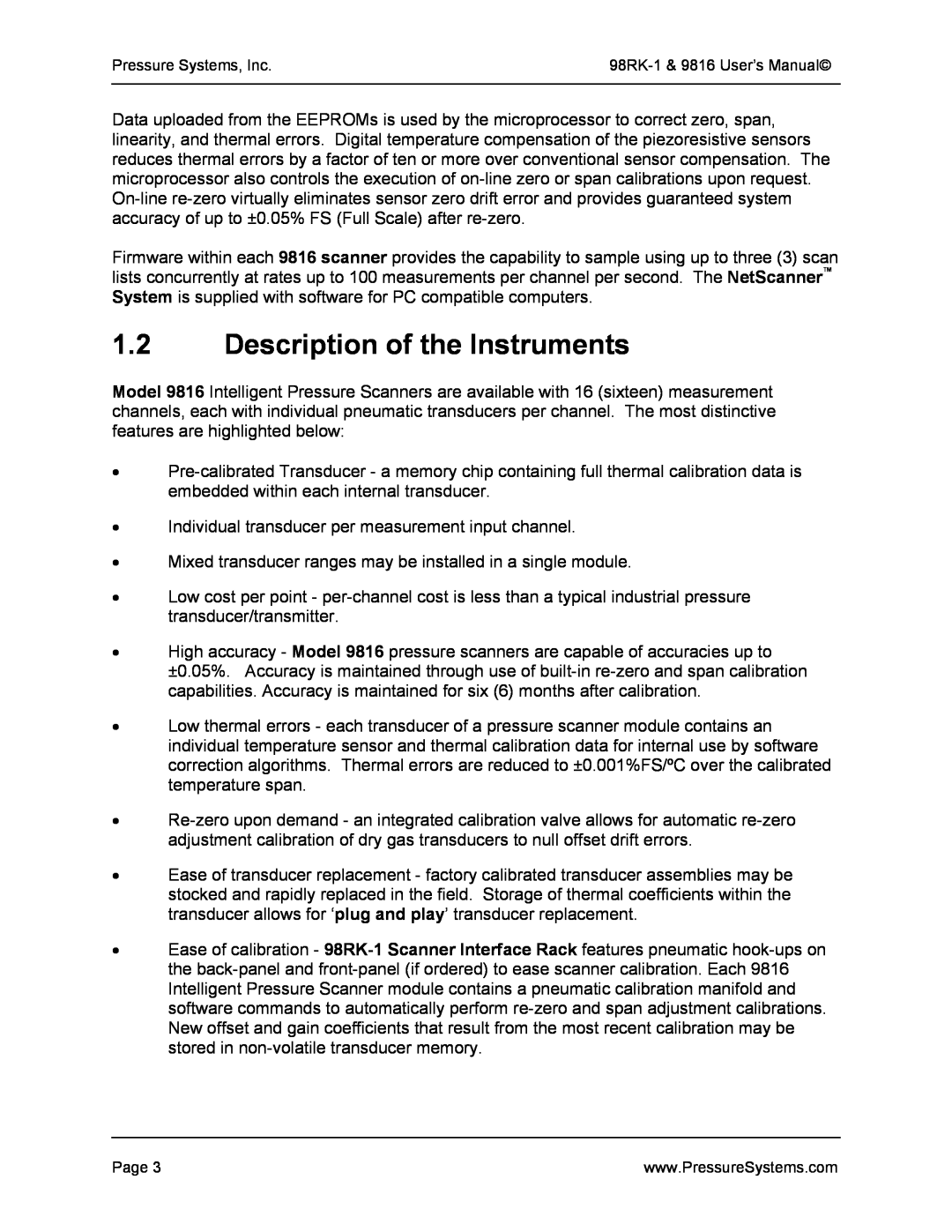 Pressure Systems 98RK-1 user manual Description of the Instruments 