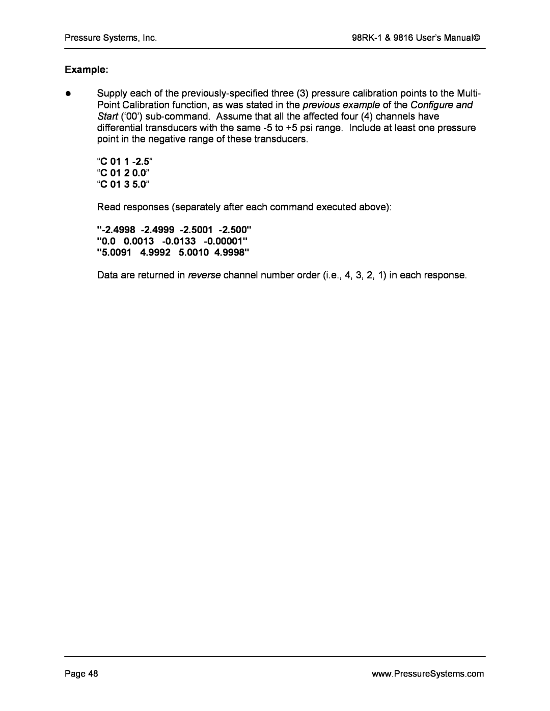 Pressure Systems 98RK-1 user manual Example, “C 01 1 -2.5” “C 01 2 0.0” “C 01 3 5.0” 