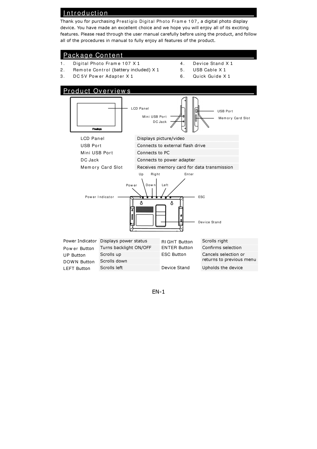 Prestigio 107 user manual Introduction Package Content, Product Overviews, EN-1 