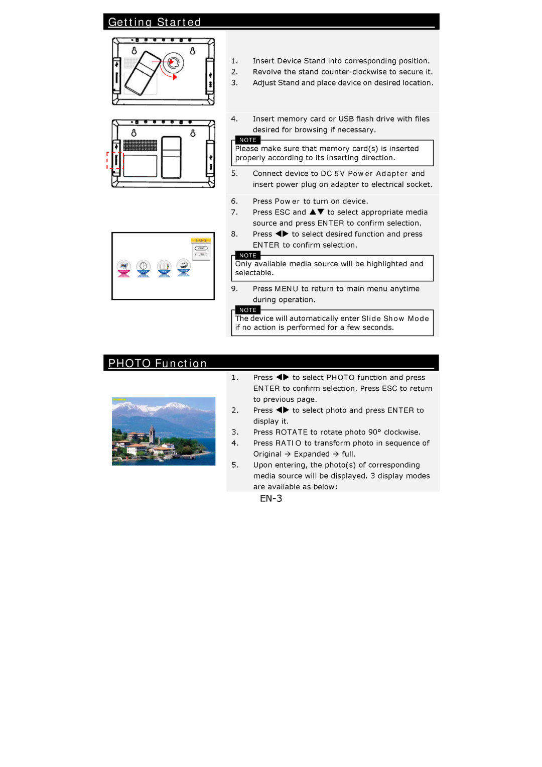 Prestigio 107 user manual Getting Started, Photo Function, EN-3 