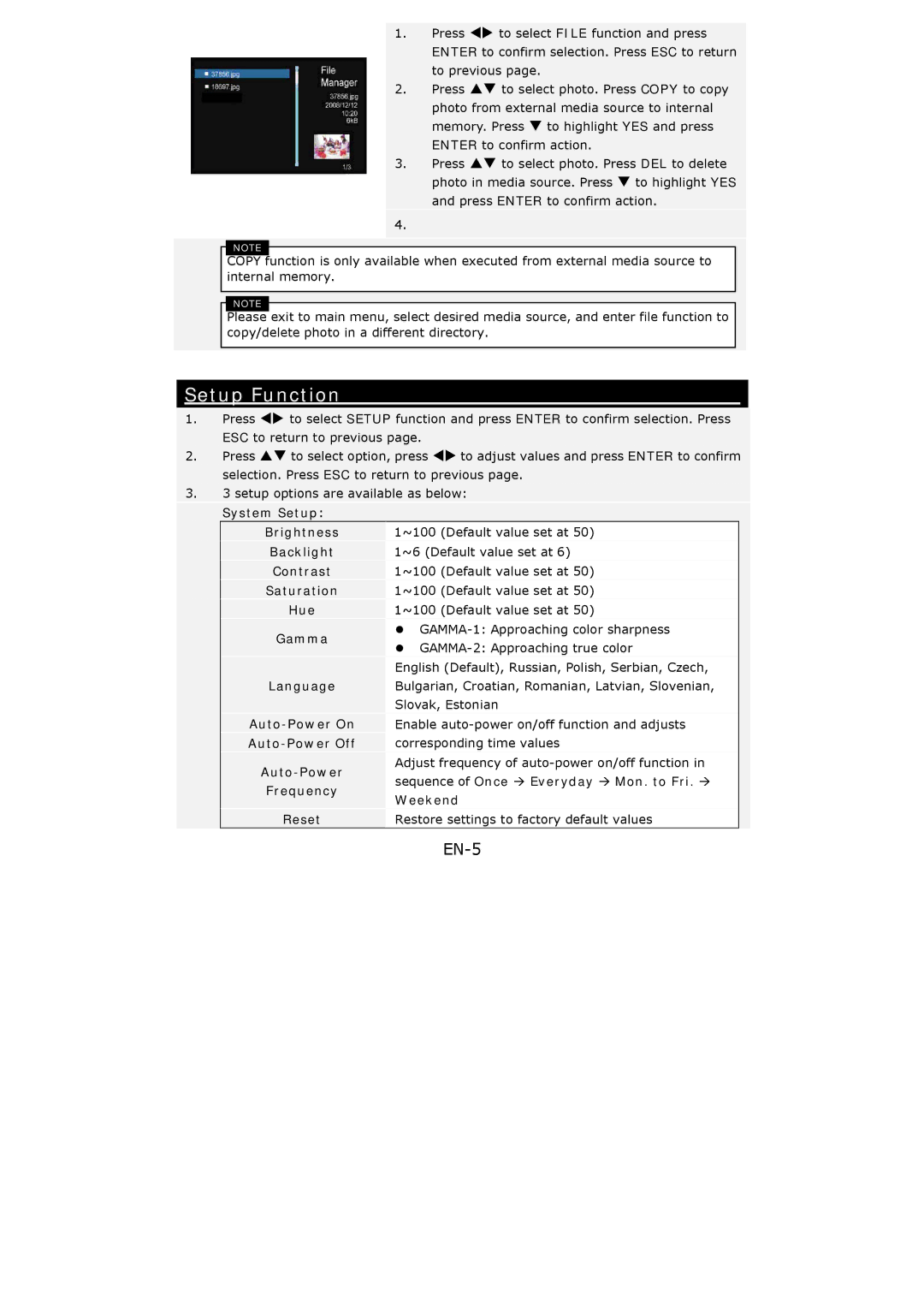 Prestigio 107 user manual Setup Function, EN-5 