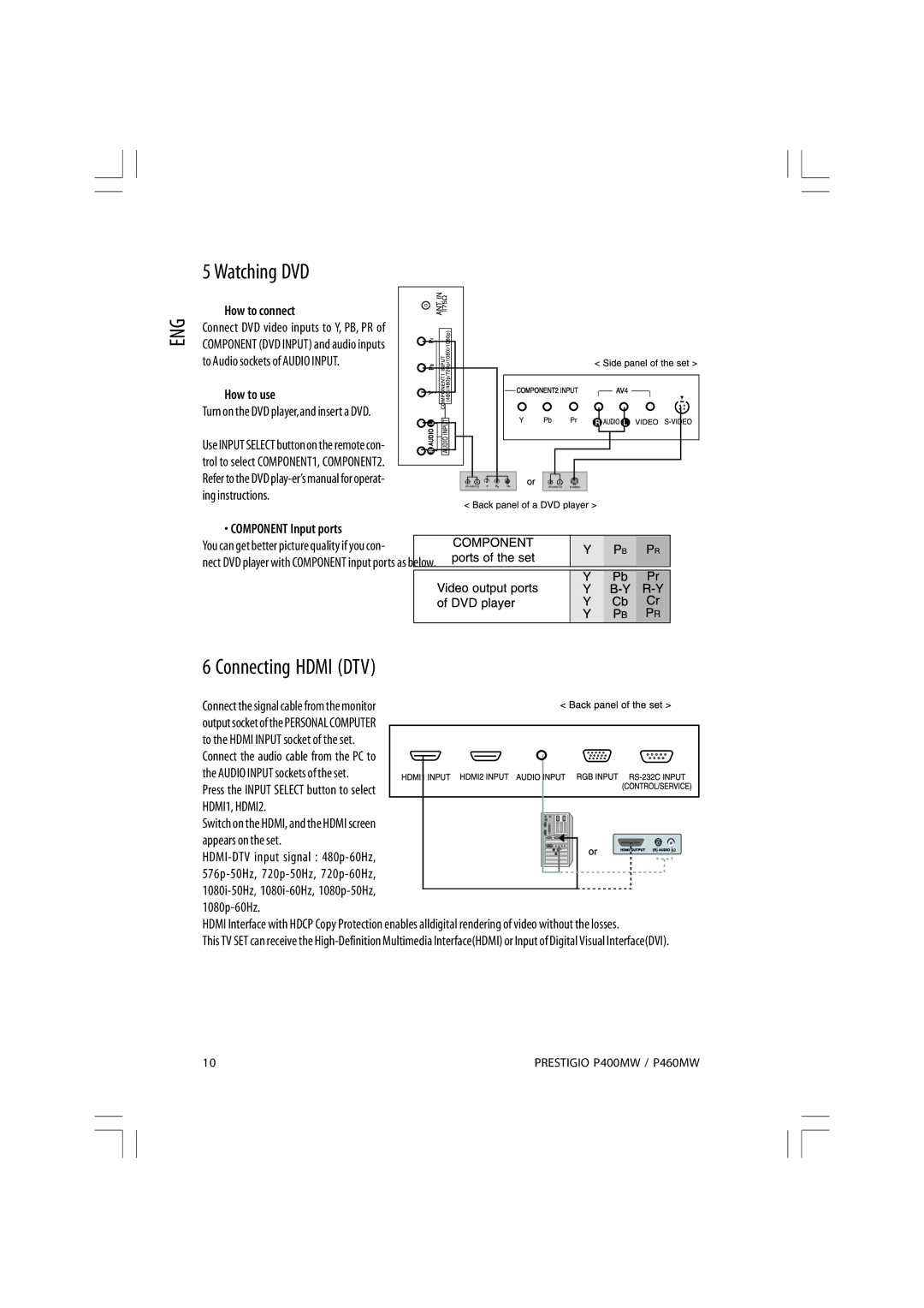 Prestigio P460MW, P400MW owner manual Watching DVD, Connecting Hdmi DTV, How to connect, How to use, Component Input ports 