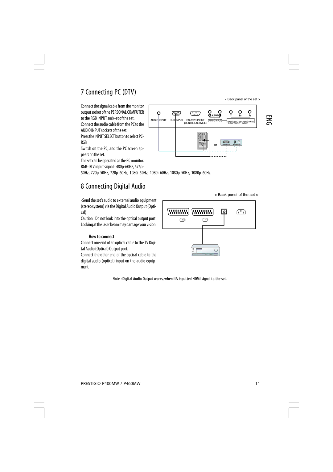 Prestigio P400MW, P460MW Connecting PC DTV, Connecting Digital Audio, Press the Input Select button to select PC- RGB 