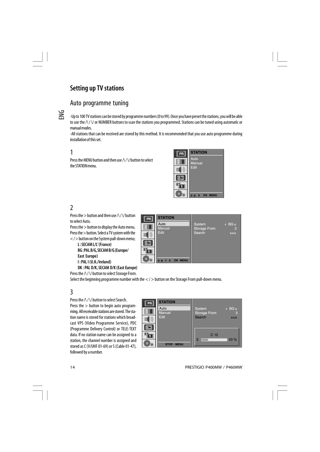 Prestigio P460MW, P400MW owner manual Setting up TV stations, Auto programme tuning 