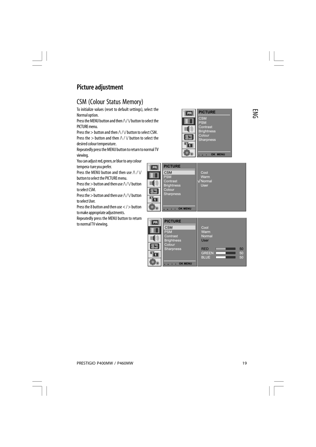 Prestigio P400MW, P460MW owner manual Picture adjustment, CSM Colour Status Memory, Button to select the Picture menu 