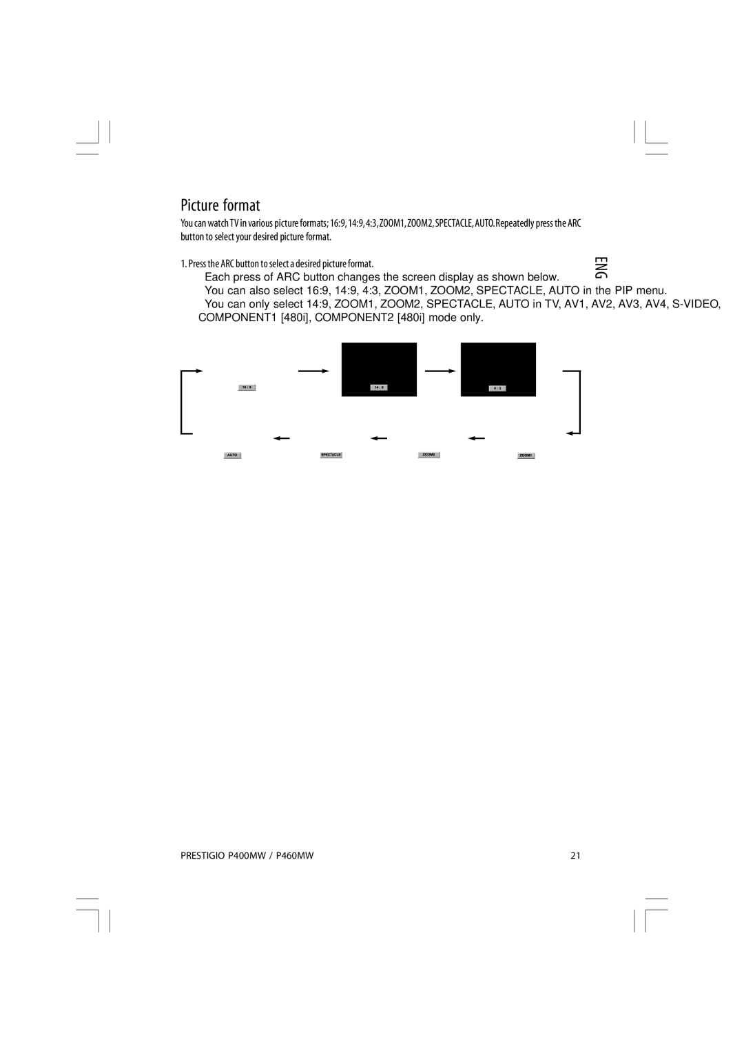 Prestigio P400MW, P460MW owner manual Picture format, Press the ARC button to select a desired picture format 