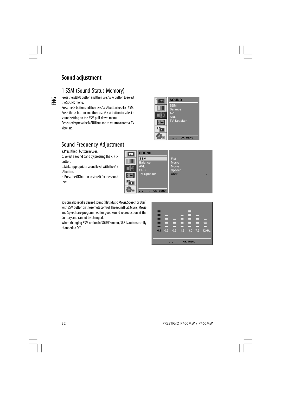 Prestigio P460MW, P400MW owner manual Sound adjustment, SSM Sound Status Memory, Sound Frequency Adjustment 