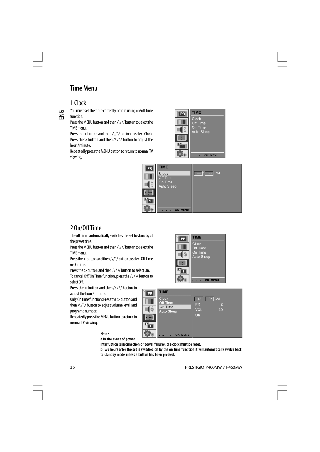 Prestigio P460MW, P400MW owner manual Time Menu, Clock, On/Off Time, Press the button and then /\ / \/ button to 