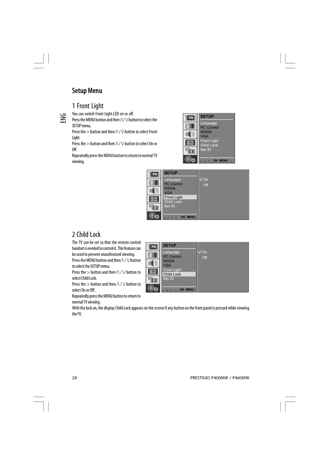 Prestigio P460MW, P400MW owner manual Setup Menu, Front Light, Child Lock, TV can be set so that the remote control 