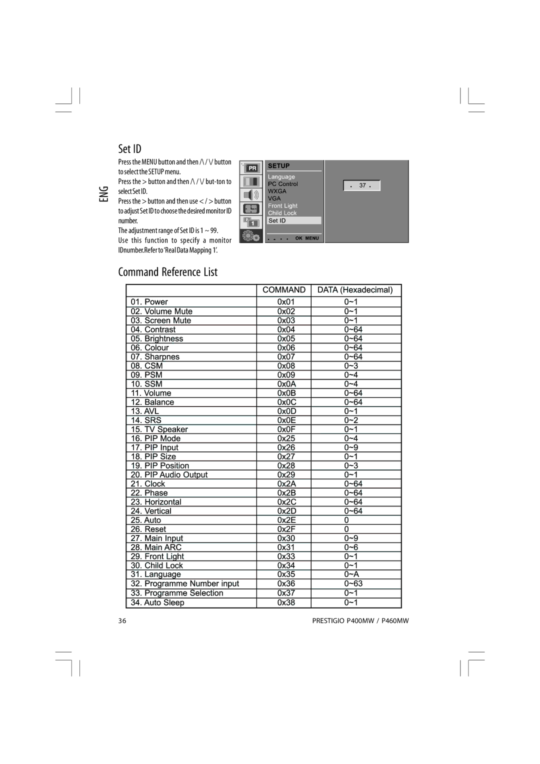 Prestigio P460MW, P400MW owner manual Command Reference List, Press the button and then /\ / \/ but-ton to select Set ID 