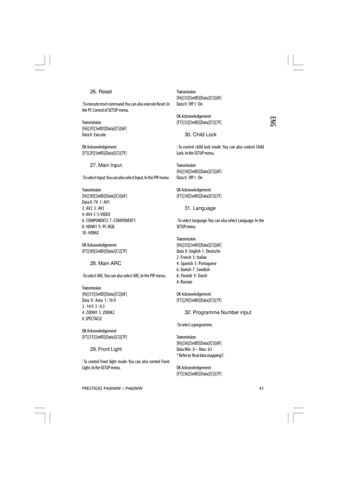 Prestigio P400MW, P460MW owner manual Reset, Main Input, Main ARC, Front Light, Child Lock, Language, Programme Number input 