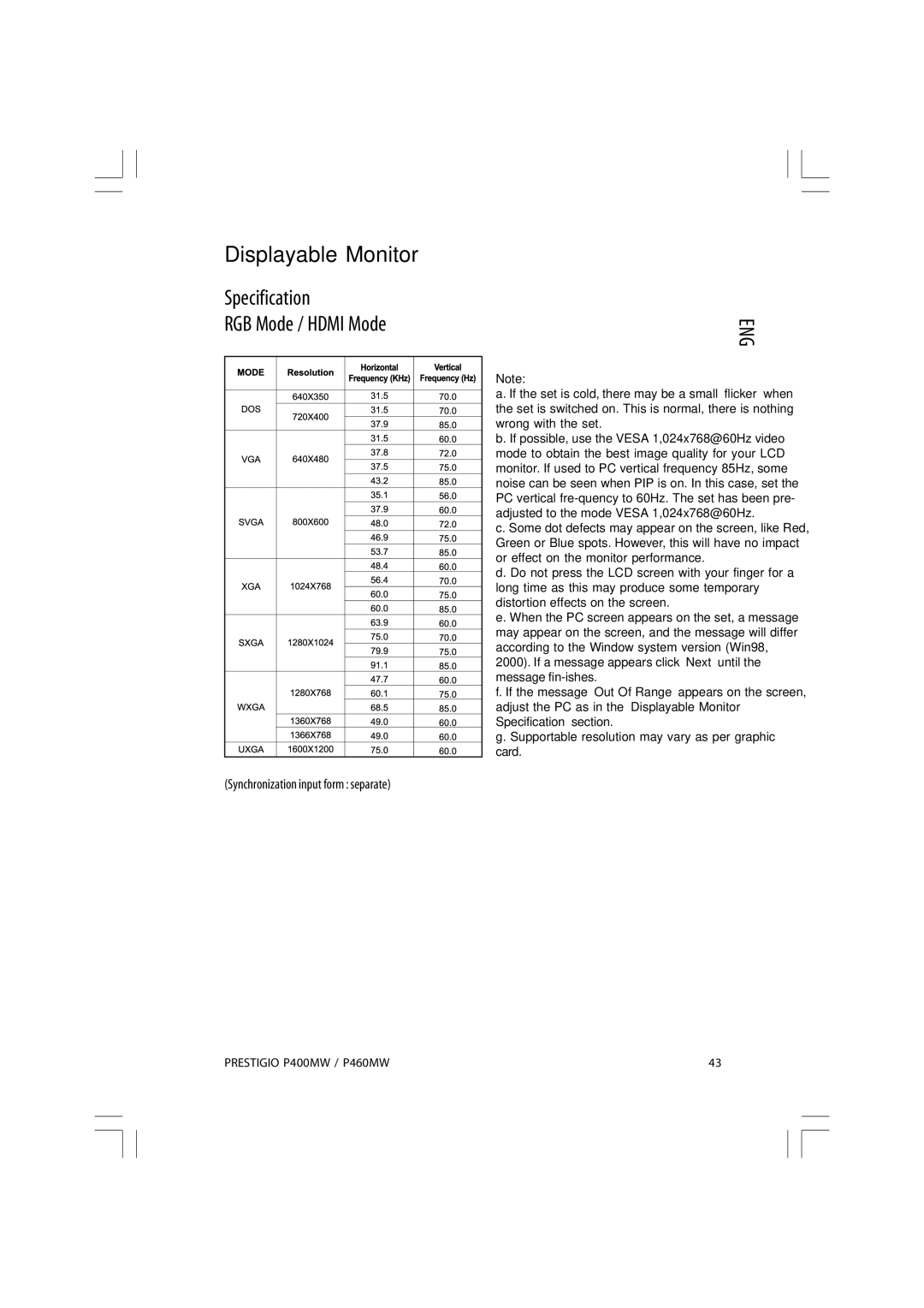 Prestigio P400MW, P460MW Displayable Monitor, Specification RGB Mode / Hdmi Mode, Synchronization input form separate 