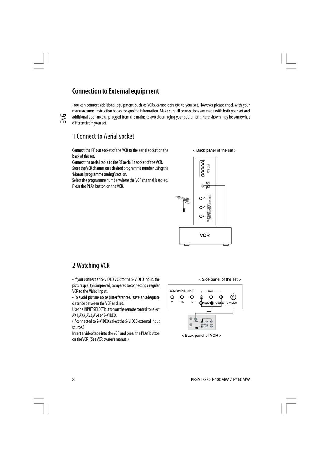 Prestigio P460MW, P400MW owner manual Connection to External equipment, Connect to Aerial socket, Watching VCR 