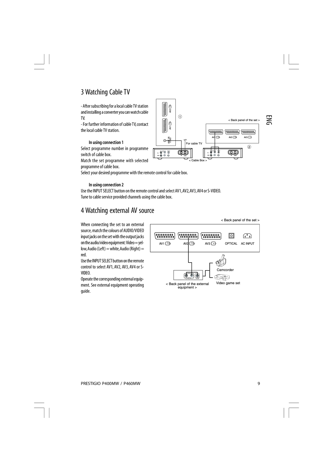 Prestigio P400MW, P460MW owner manual Watching Cable TV, Watching external AV source, Using connection 