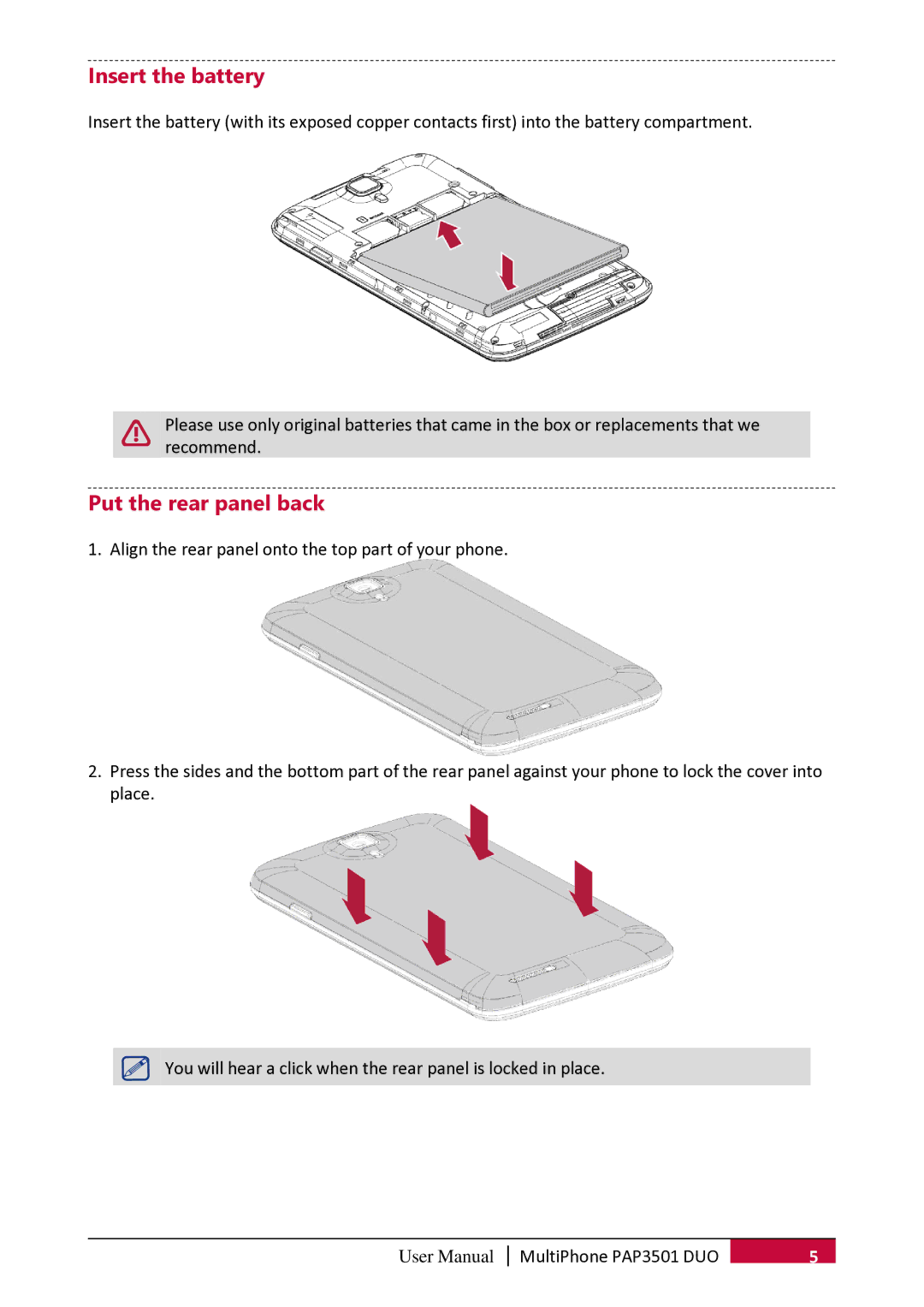 Prestigio PER3162 user manual Insert the battery, Put the rear panel back 