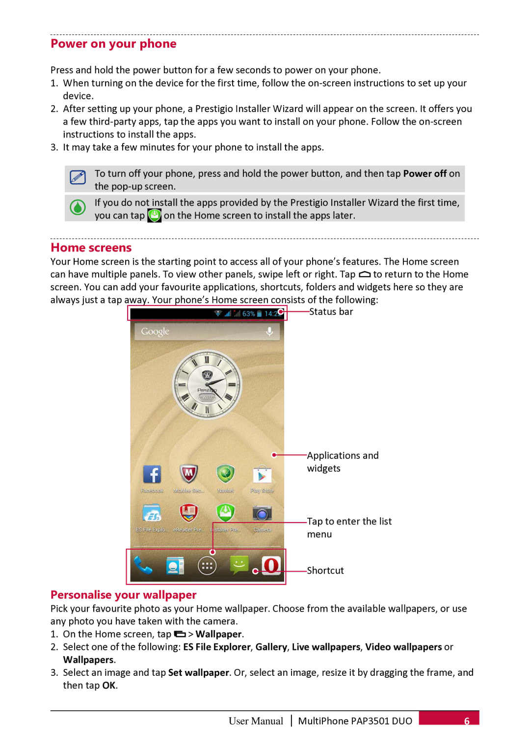 Prestigio PER3162 user manual Power on your phone, Home screens, Personalise your wallpaper 