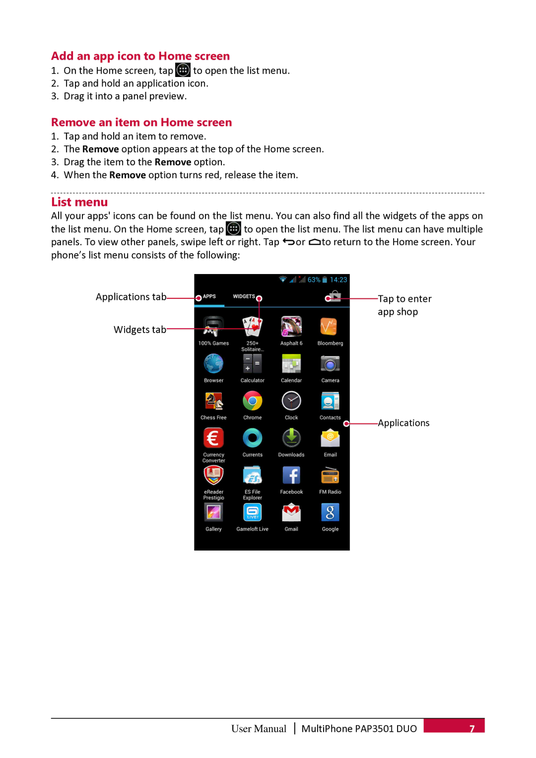 Prestigio PER3162 user manual List menu, Add an app icon to Home screen, Remove an item on Home screen 