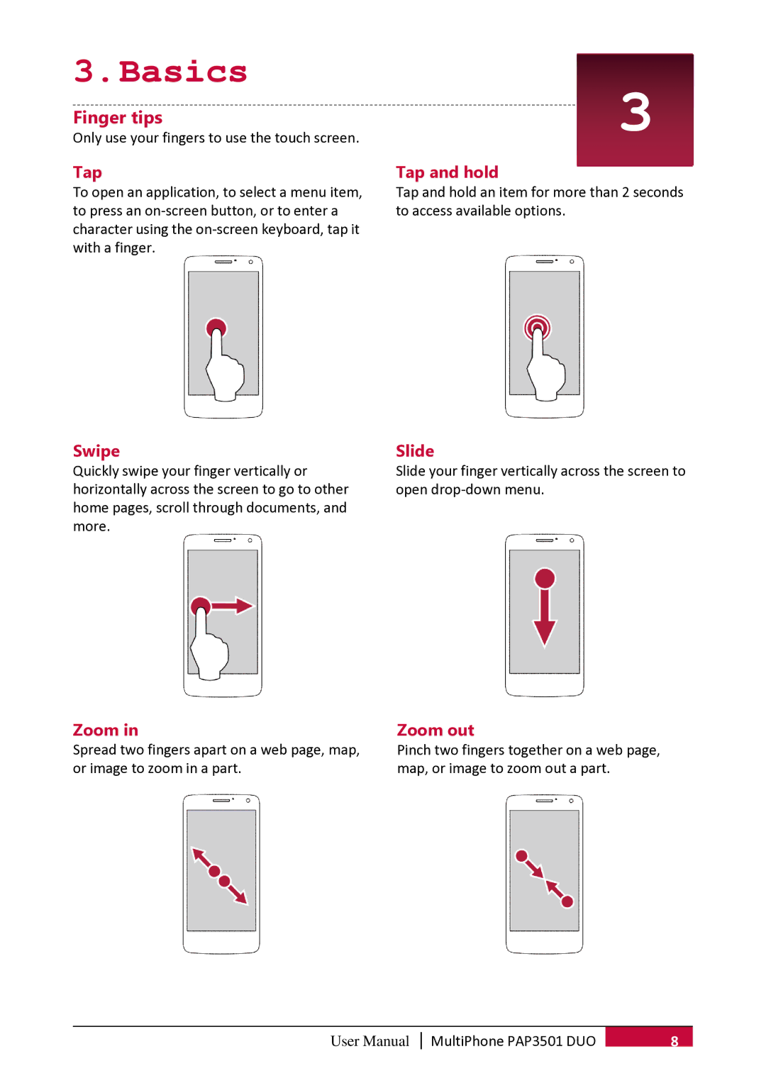 Prestigio PER3162 user manual Basics, Finger tips 