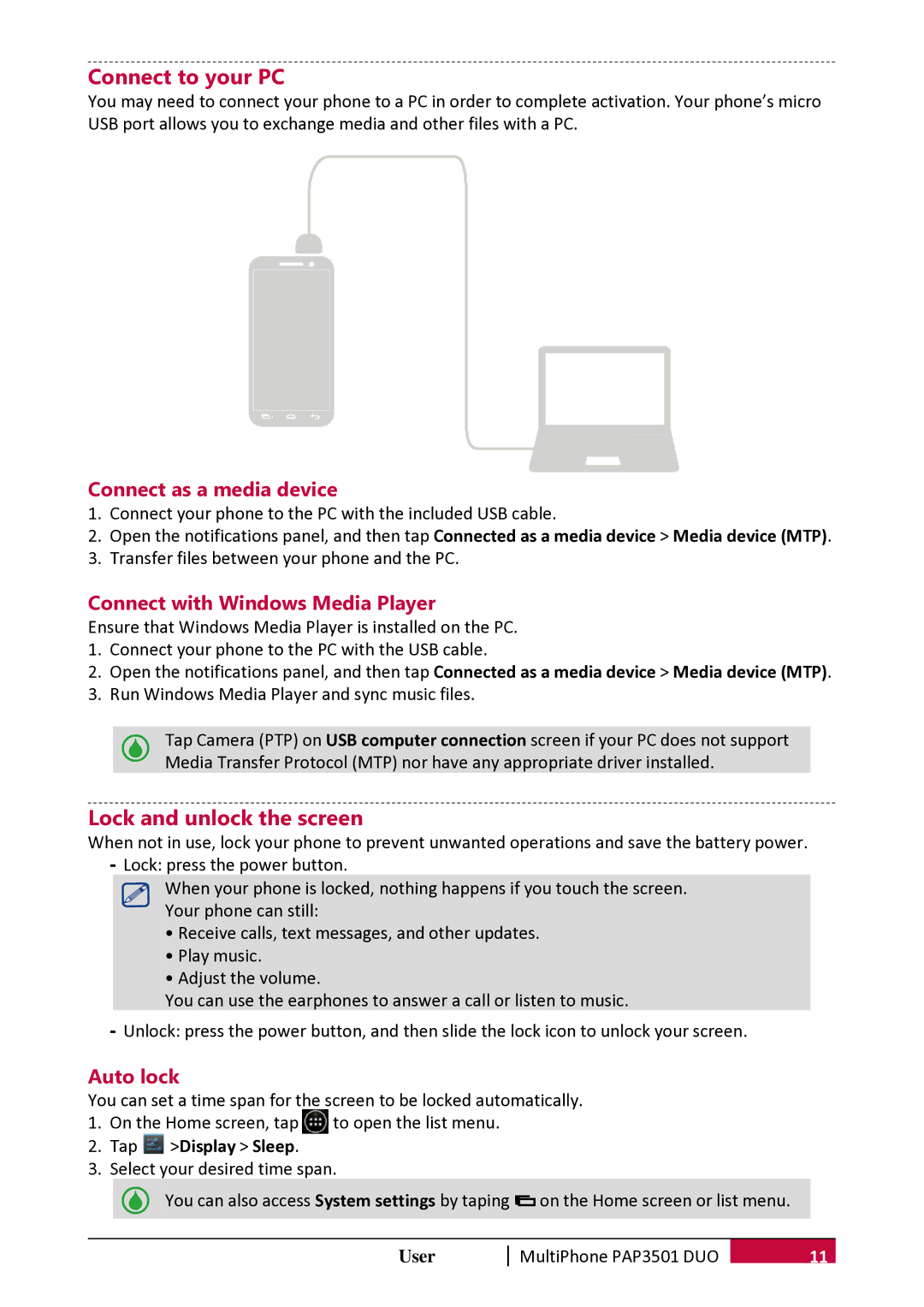 Prestigio PER3162 user manual Connect to your PC, Lock and unlock the screen, Connect as a media device, Auto lock 