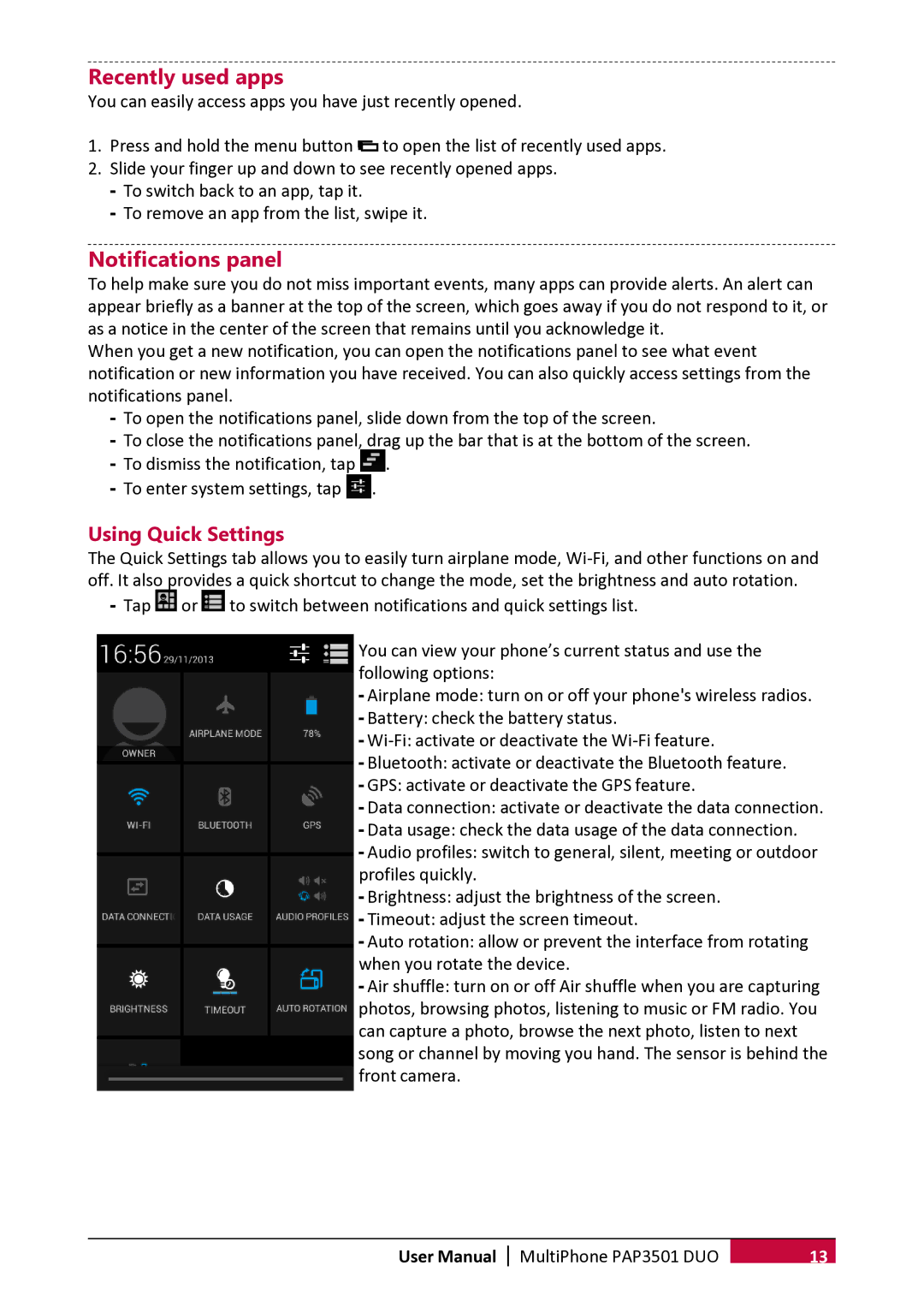 Prestigio PER3162 user manual Recently used apps, Notifications panel, Using Quick Settings 