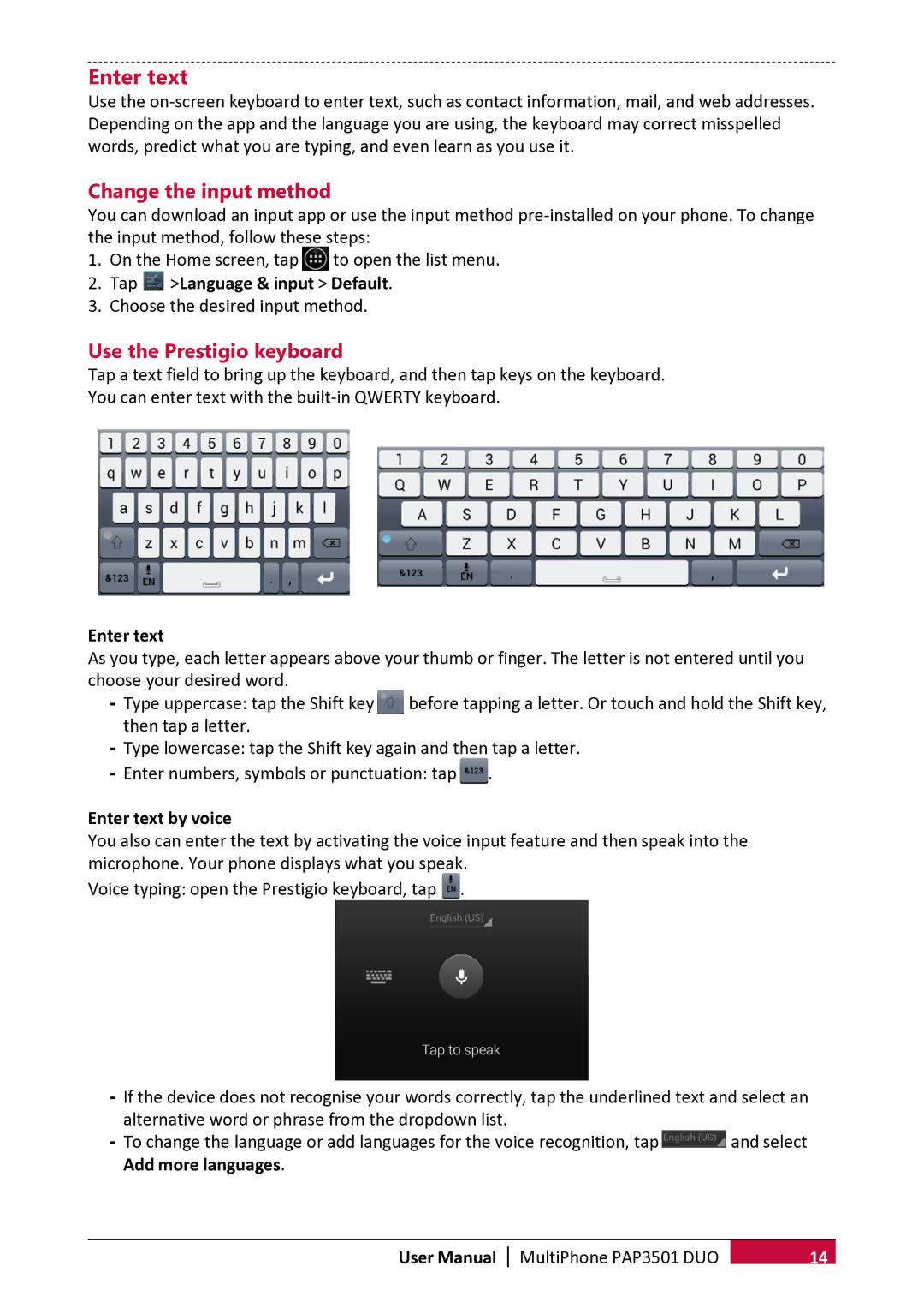 Prestigio PER3162 user manual Enter text, Change the input method, Use the Prestigio keyboard 